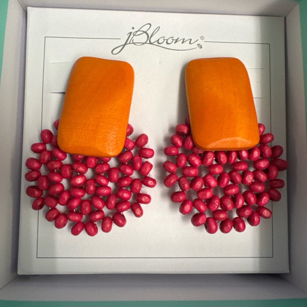 bloom Fashion Trendy Jewelry Orange Pink Wood Statement Drop Dangle Earrings